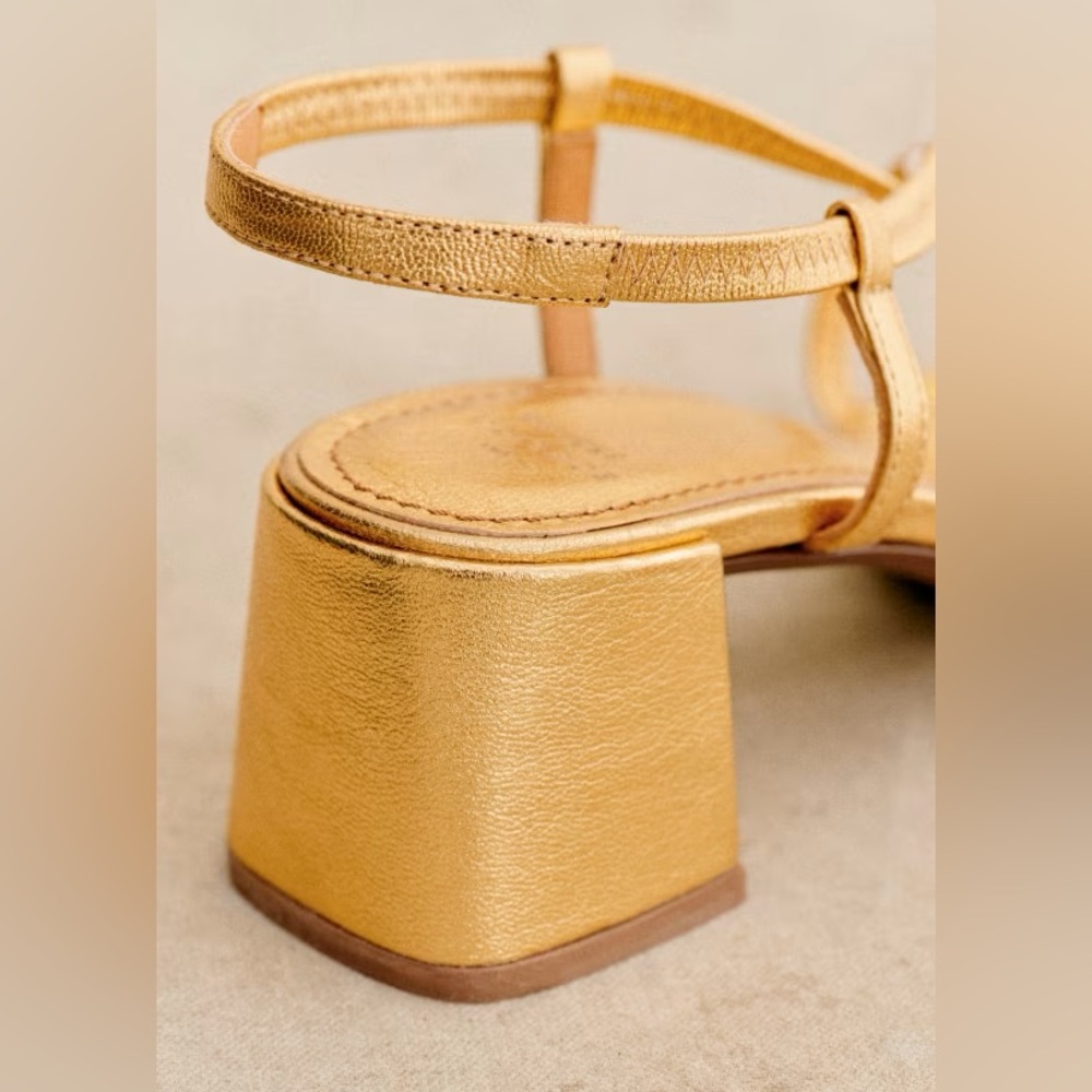 SEZANE PERNILLE SANDALS GOLD 37 6.5 Strappy Block Heel Square Toe Metallic Shoes - Picture 4 of 16